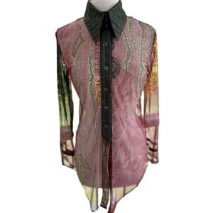 LeGatte Jeans Women’s Blouse Size III Sheer/Mesh Long Sleeve Jacket Shirt Art